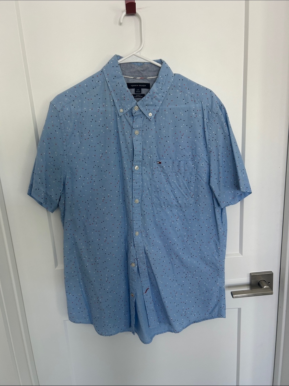 Tommy Hilfiger Light Blue Short-Sleeve Button-Down with Red, White,Blue Stars L